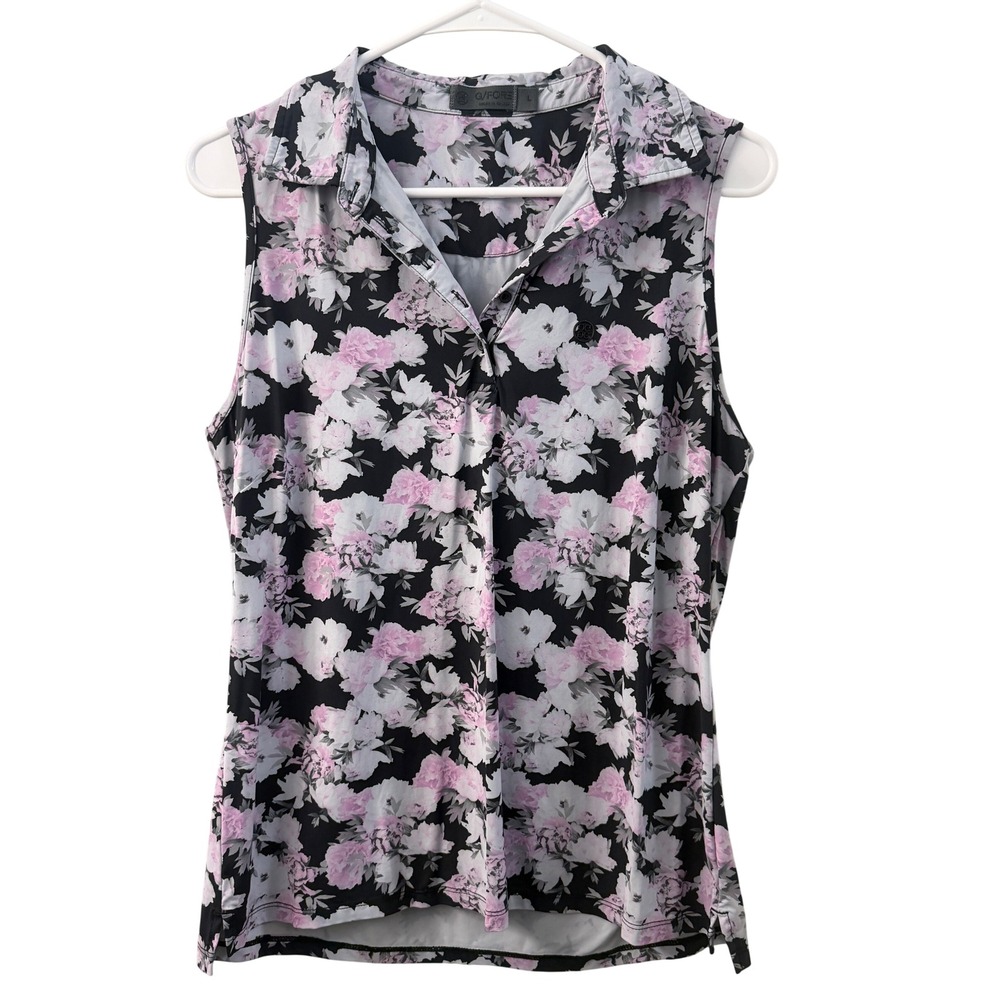 G/FORE Womens Floral Sleeveless Golf Polo Shirt Black Pink Size L Activewear